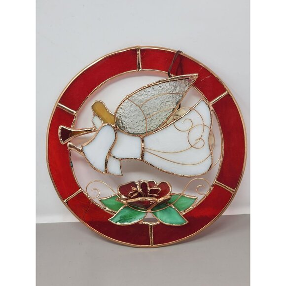 Vintage Christmas/Holiday Round 3-D Stained‎ Glass Trumpeting Angel With Rose - Picture 2 of 11